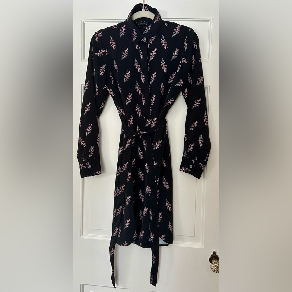 Ann Taylor Collared Shirt Black Dress with Pink Floral Design Belt Dress Tunic
